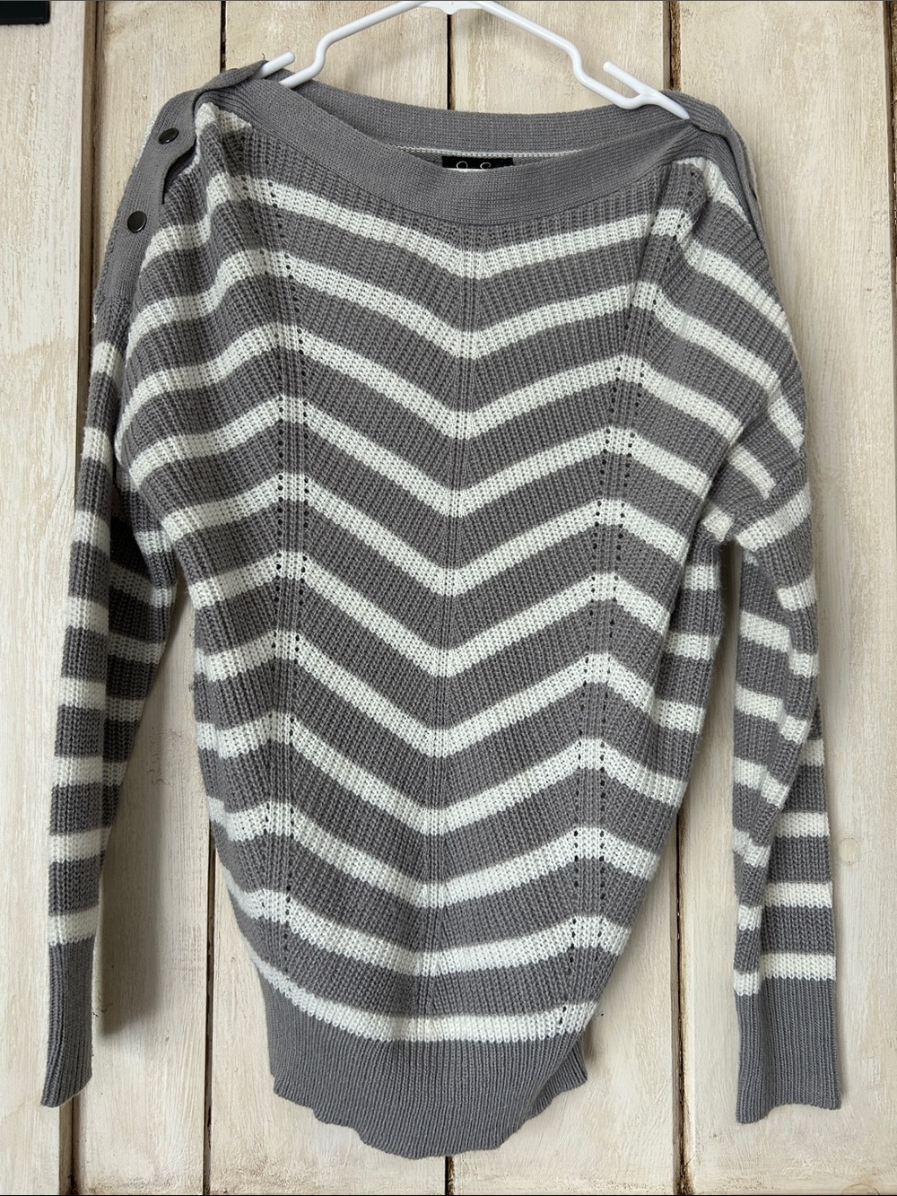 Jessica Simpson Gray & White Off-the-Shoulder Striped Sweater